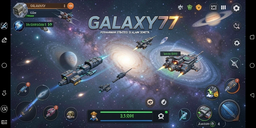 Tangkapan layar gameplay GALAXY77 yang menampilkan pertempuran strategis di luar angkasa.