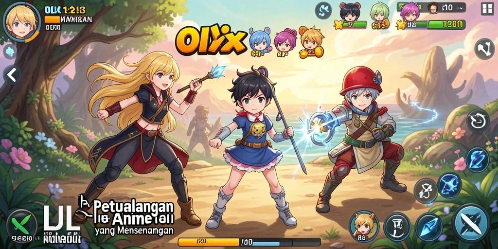 Screenshot OLX128 menampilkan karakter anime dalam aksi.
